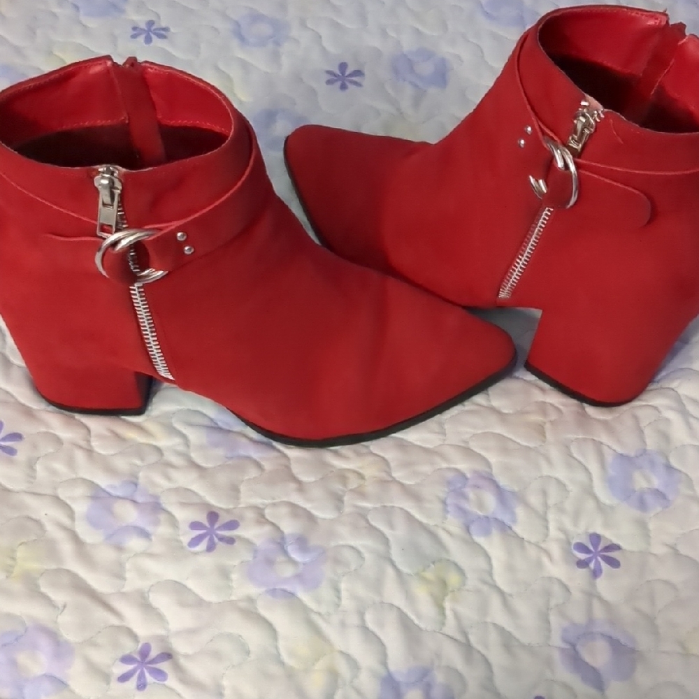 Bold Red Ankle Booties with Silver Zipper and Chunky Heel